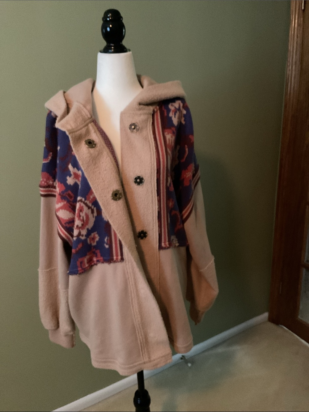 Free People Sherpa Hooded Patchwork Jacket in Beige, Blue & Rust - Picture 2 of 7
